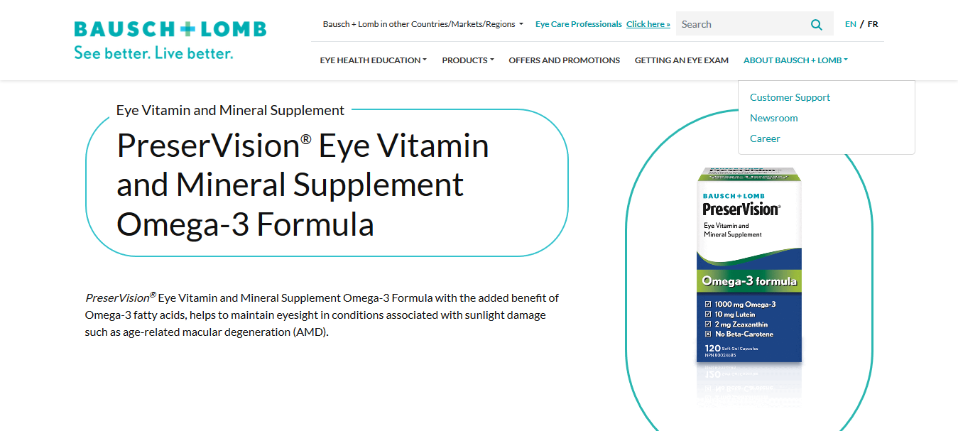 Bausch + Lomb PreserVision® Eye Vitamin and Mineral Supplement Omega3 Formula