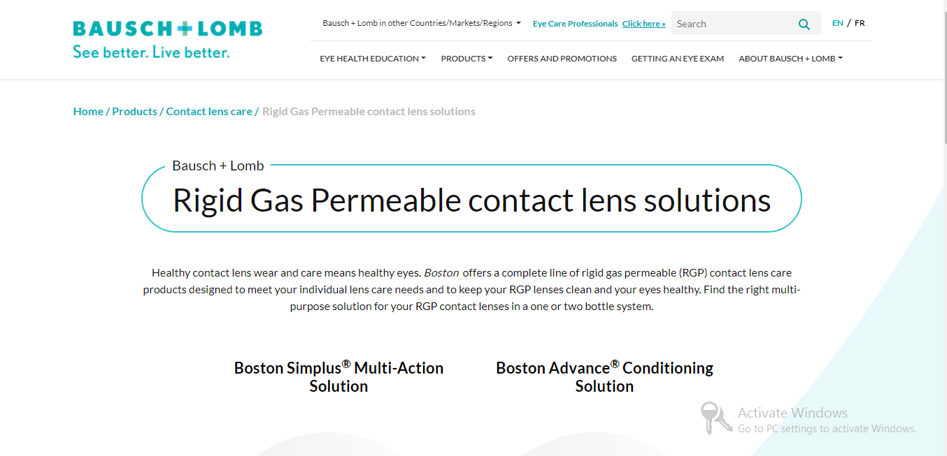 Bausch + Lomb Rigid Gas Permeable contact lens solutions